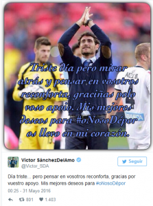 Despedida en redes sociales de Víctor Sánchez del Amo. Vía: www.riazor.org