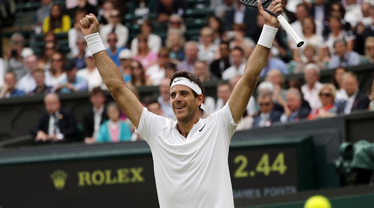 Juan Martin del Potro of Argentina celebrates after beating Stan Wawrinka of Switzerland in their men's singles match on day five of the Wimbledon Tennis Championships in London, Friday, July 1, 2016. (AP Photo/Ben Curtis)