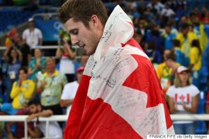 Canada's Derek Drouin celebrates winning the Men's High Jump Final during the athletics event at the Rio 2016 Olympic Games at the Olympic Stadium in Rio de Janeiro on August 16, 2016. / AFP / FRANCK FIFE (Photo credit should read FRANCK FIFE/AFP/Getty Images)