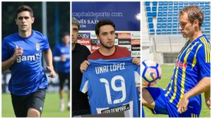 Óscar Gil, Unai López y Gorka Santamaría posando con sus nuevos equipos (lne.es / capitaldeporte.com / portalcadista.com)