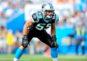 CHARLOTTE, NC - NOVEMBER 11: Luke Kuechly #59 of the Carolina Panthers against the Denver Broncos during play at Bank of America Stadium on November 11, 2012 in Charlotte, North Carolina. The Broncos won 36-14. (Photo by Grant Halverson/Getty Images)