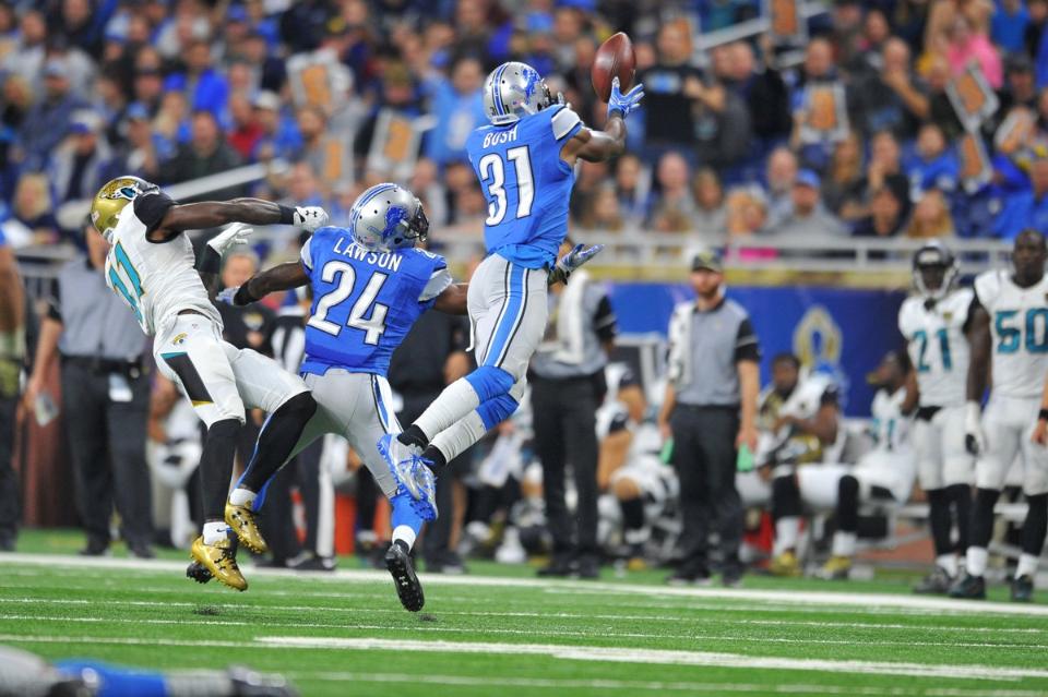 Rafael Bush retornó para touchdown esta intercepción a Blake Bortles. Foto: detroitlions.com