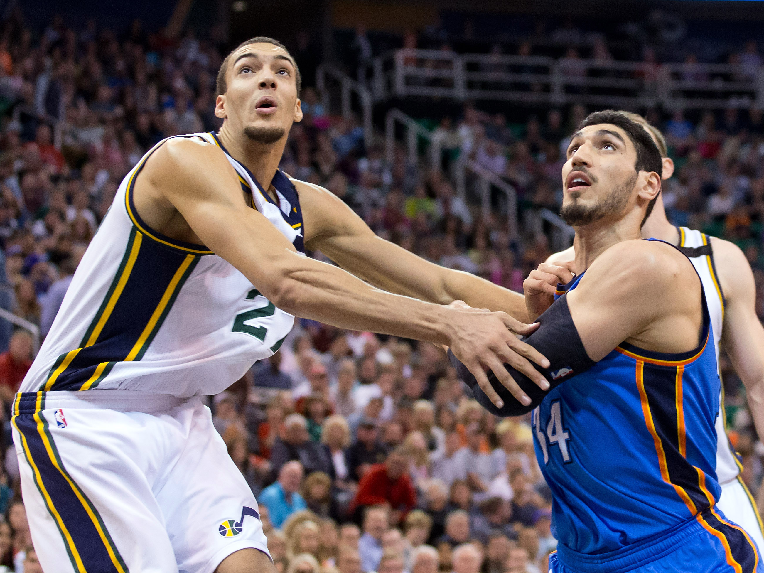 Mar 28, 2015; Salt Lake City, UT, USA; Utah Jazz center Rudy Gobert (27) attempts to box out Oklahoma City Thunder center Enes Kanter (34) during the first half at EnergySolutions Arena. Mandatory Credit: Russ Isabella-USA TODAY Sports